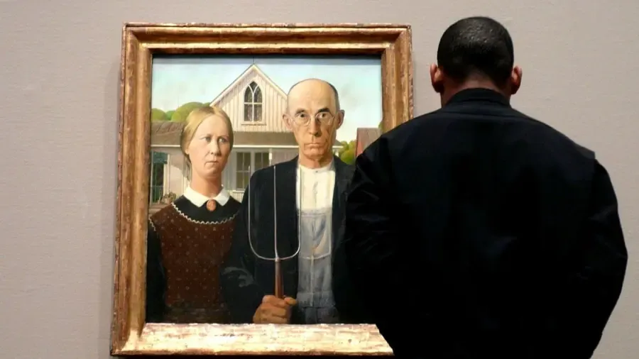 Hva er maleriet av en bonde og hans kone og en høygaffel?